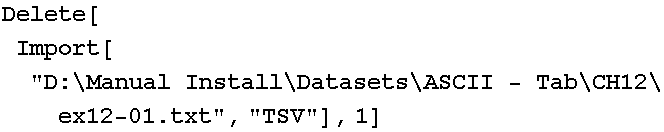 Delete[Import["D:\Manual Install\Datasets\ASCII - Tab\CH12\ex12-01.txt", "TSV"], 1]