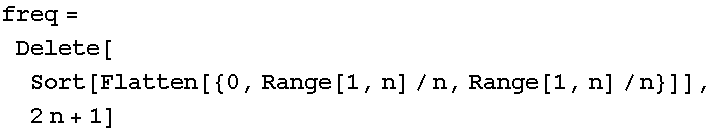 freq = Delete[Sort[Flatten[{0, Range[1, n]/n, Range[1, n]/n}]], 2n + 1]