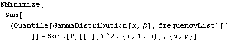 NMinimize[Sum[(Quantile[GammaDistribution[α, β], frequencyList][[i]] - Sort[T][[i]])^2, {i, 1, n}], {α, β}]