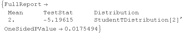 {FullReport→ {{Mean, TestStat, Distribution}, {2., -5.19615, StudentTDistribution[2]}}, OneSidedPValue→0.0175494}