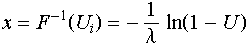 x = F^(-1)(U_i) = -1/λln(1 - U)
