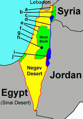 Map of Israel showing Green Line and mileage distances