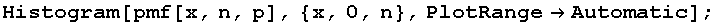 Histogram[pmf[x, n, p], {x, 0, n}, PlotRange→Automatic] ;