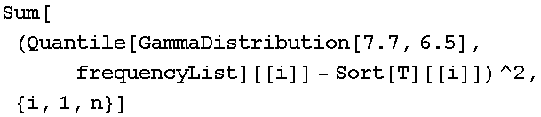 Sum[(Quantile[GammaDistribution[7.7, 6.5], frequencyList][[i]] - Sort[T][[i]])^2, {i, 1, n}]